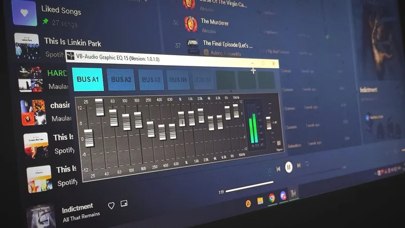 Digital audio equalizer waveform display on a laptop screen showing volume levels for audio editing