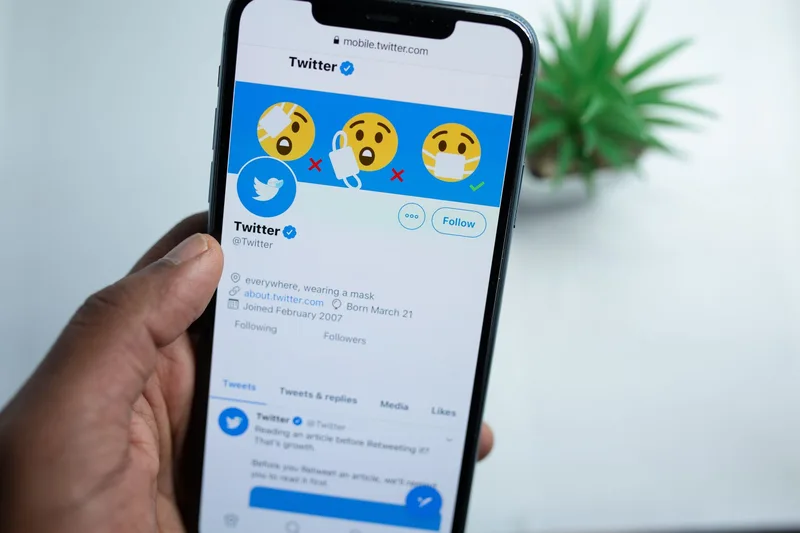 Close-up of a hand holding a smartphone showing a Twitter profile page, representing setting up an optimized creator profile
