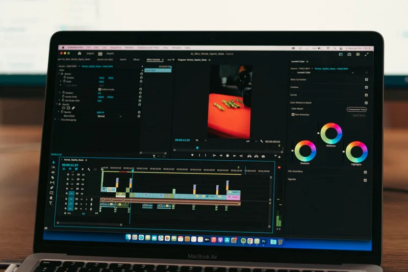 Close-up of video editing software on a laptop screen in a professional setting